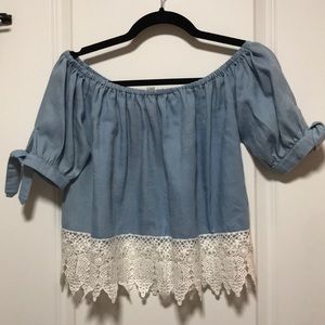 Blue lace off the shoulder crop top